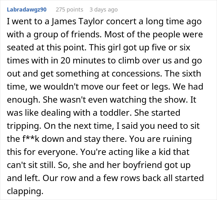 Caption from Reddit post describing woman annoying concertgoers by repeatedly leaving seat and being disruptive. - 24
