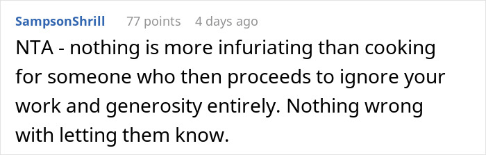 Comment discussing family&rsquo;s entitled behavior and frustration with cooking for ungrateful relatives online.