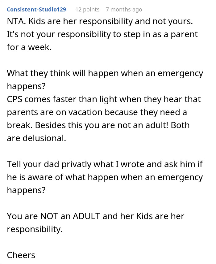 Comment discussing teen refusing babysitting step-siblings, emphasizing it's not their responsibility or a full-time job.