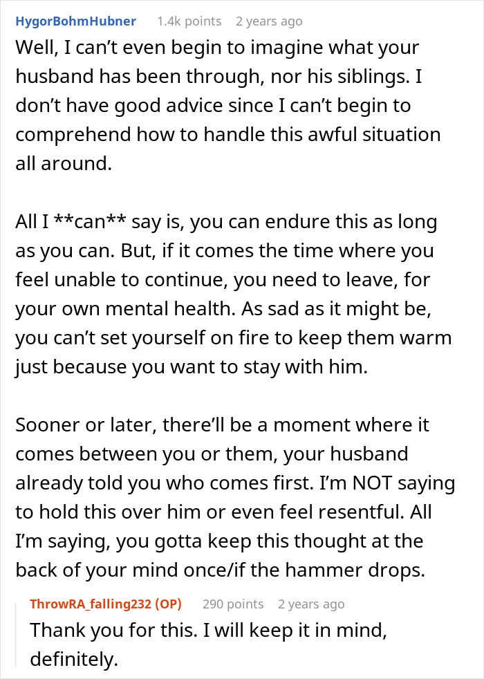 Comment discussing husband's sudden decision to move in disabled siblings causing strain and wife questioning their marriage dynamics.