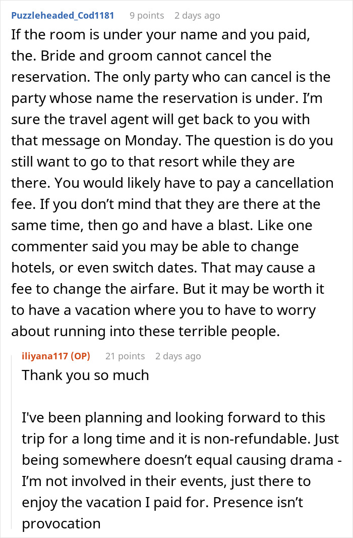 Reddit comments explaining how bride tries to cancel guest’s resort room out of spite but it backfires. - 14