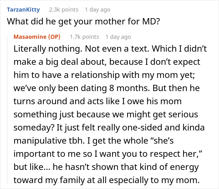Screenshot of an online discussion about a man expecting his girlfriend to get his mom a Mother's Day gift after 8 months of dating. - 13