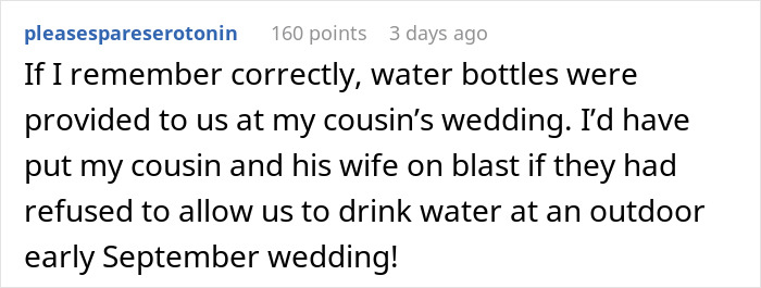 Text post about guests lacking water bottles at an outdoor wedding in 102°F heat causing discomfort and nearly passing out. Text post about guests lacking water bottles at an outdoor wedding in 102°F heat causing discomfort and nearly passing out.
