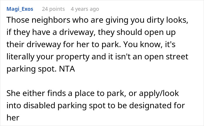 Screenshot of an online comment discussing a disabled woman thinking she owns her neighbor&rsquo;s driveway and parking issues.