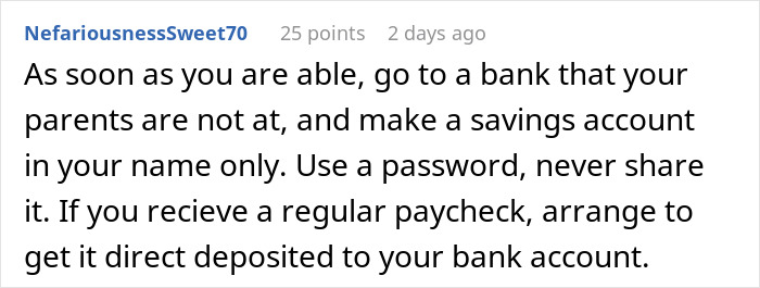 Reddit comment advising to open a personal bank account and secure direct deposit to protect finances from a golden child sibling.