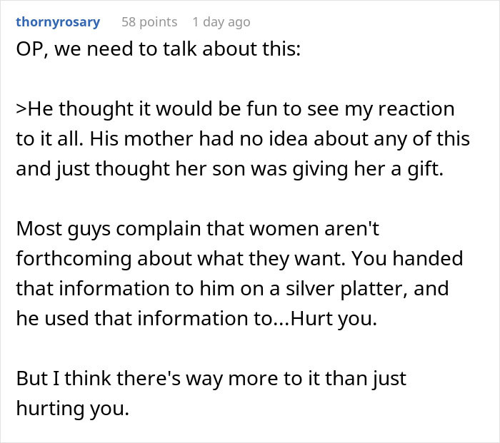 Text excerpt discussing a jerk boyfriend buying a dream gift for someone else to humble his girlfriend. - 29