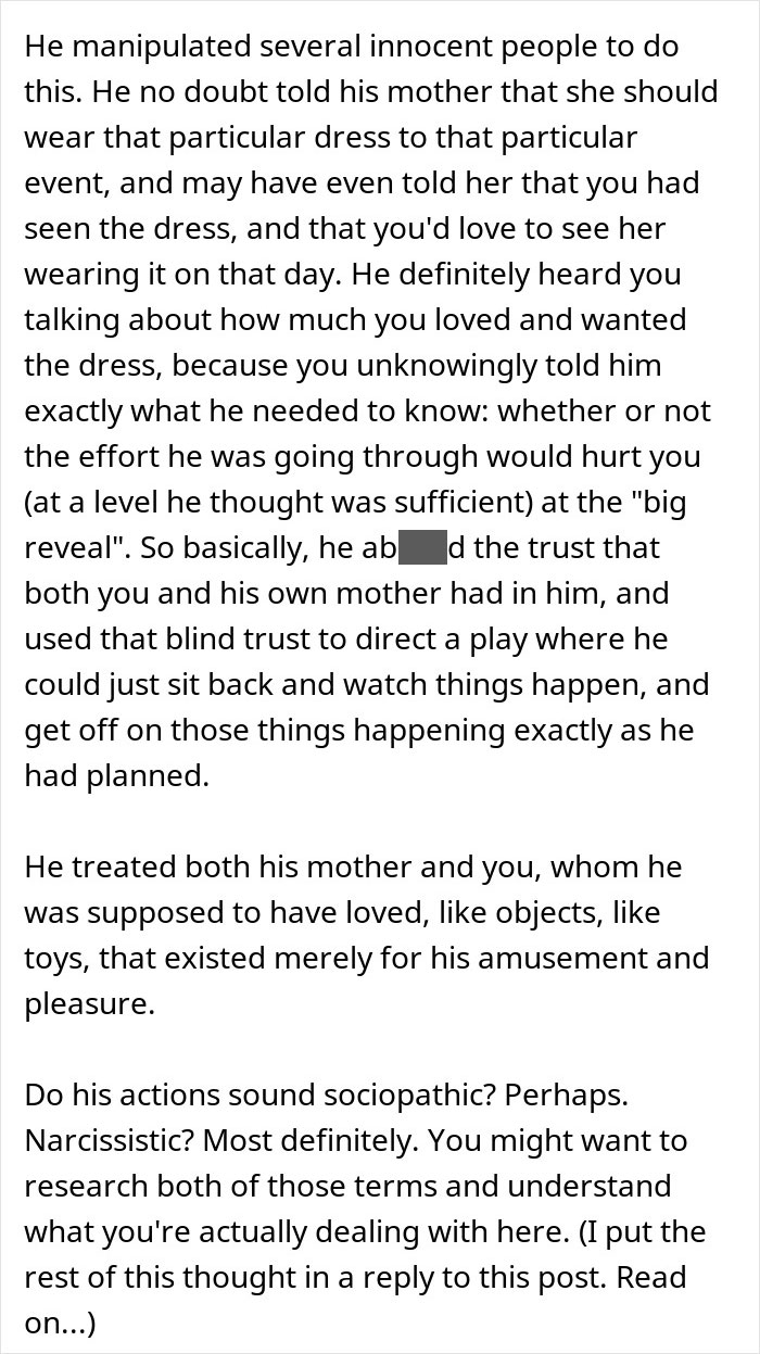 Text describing manipulative behavior of a jerk boyfriend attempting to humble his girlfriend by buying her dream gift for someone else. - 31