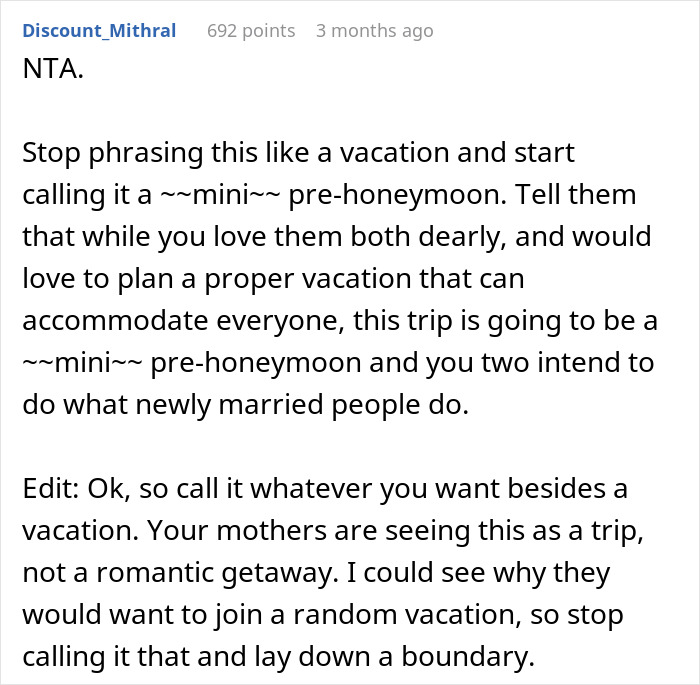 Couple plans stress-free pre-honeymoon trip before wedding while moms want to tag along and discuss guest lists.