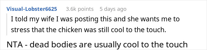 Screenshot of a Reddit comment discussing a wife leaving raw chicken in a car trunk, labeled a biohazard by the husband. - 17