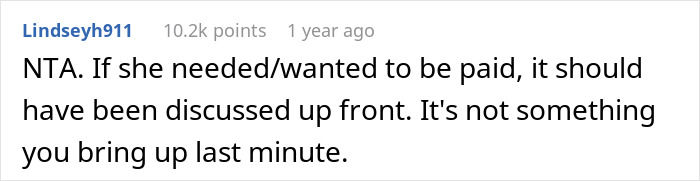 Comment from Lindseyh911 explaining why refusing to pay MIL for babysitting toddler is justified in an online forum.