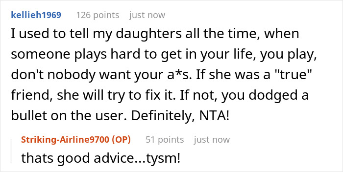 Screenshot of a Reddit conversation about a lady ditching her bestie for a wannabe influencer and party studio refusal.