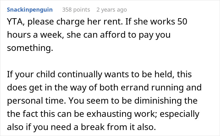 Comment discussing nanny working 50 hours a week and the challenges of unpaid babysitting on her off days.