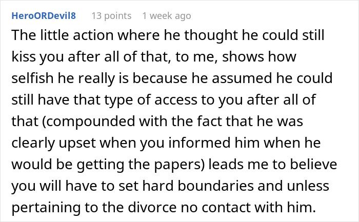 Screenshot of a Reddit comment discussing boundaries after a husband demands a child and opens the marriage, leading to divorce papers. - 96