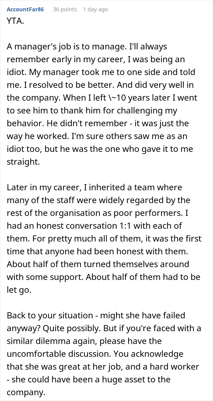 Screenshot of a Reddit comment discussing management, honesty, and the dilemma of telling a friend about getting fired.