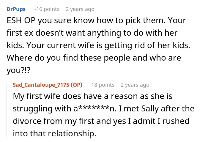 Reddit conversation about a mom of six trying to dump adopted kids on her ex during a divorce dispute.