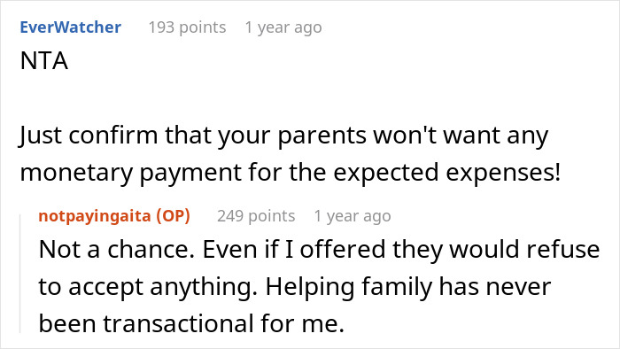 Reddit comments discussing refusing to pay MIL for babysitting toddler and family support not being transactional.