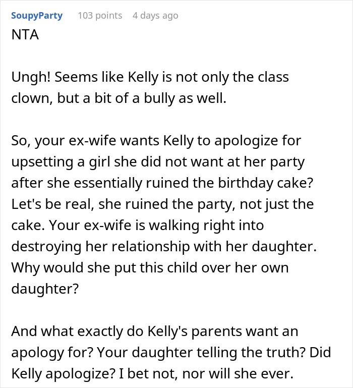 Comment discussing a mom inviting an unwanted guest to her daughter’s party and the aftermath involving an apology request. Comment discussing a mom inviting an unwanted guest to her daughter’s party and the aftermath involving an apology request.