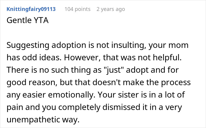 Comment discussing adoption suggestion and emotional pain of baby-mad woman who can&rsquo;t conceive after two marriages.
