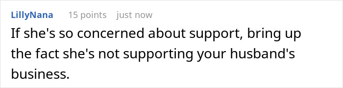 Comment highlighting sister shutting down bride’s demands over free use of husband’s car service business. - 22