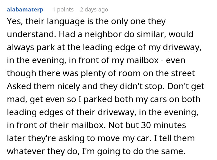 Commenter shares story of driveway blocking neighbor and their petty revenge by parking on both edges of the driveway. - 28