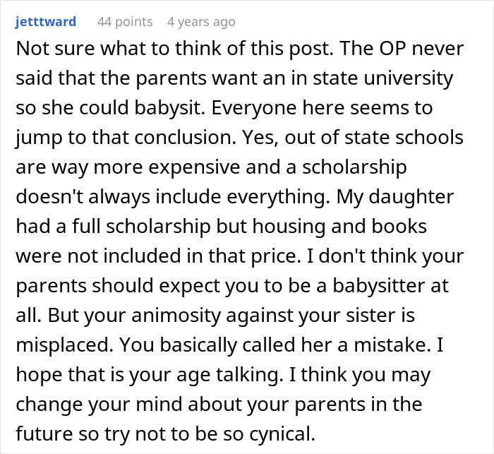 Comment discussing a teen refusing to be a live-in babysitter for parents, debating scholarship and family expectations. - 34
