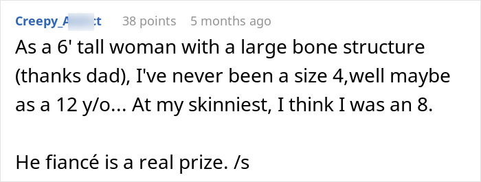 Screenshot of a text post discussing body size and weight related to a bride and maid of honor friendship conflict. Screenshot of a text post discussing body size and weight related to a bride and maid of honor friendship conflict.