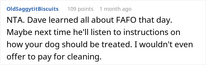 Screenshot of a Reddit comment discussing a woman refusing to replace nephew&rsquo;s jacket ruined by dog&rsquo;s accident.