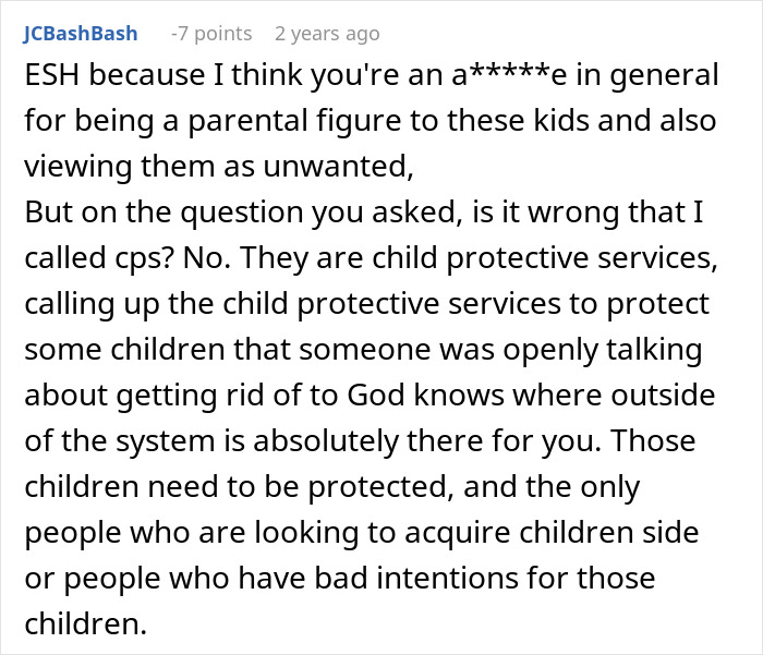 Comment discussing CPS involvement after mom of 6 tries to dump adopted kids on ex during divorce for child protection.