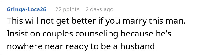 Comment about man confused why fiancee is upset over mother-in-law having house key without her knowledge. - 22