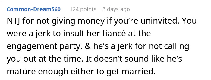Screenshot of a forum comment discussing the groom discount insult and refusal to lend $2K in a wedding dispute. - 15