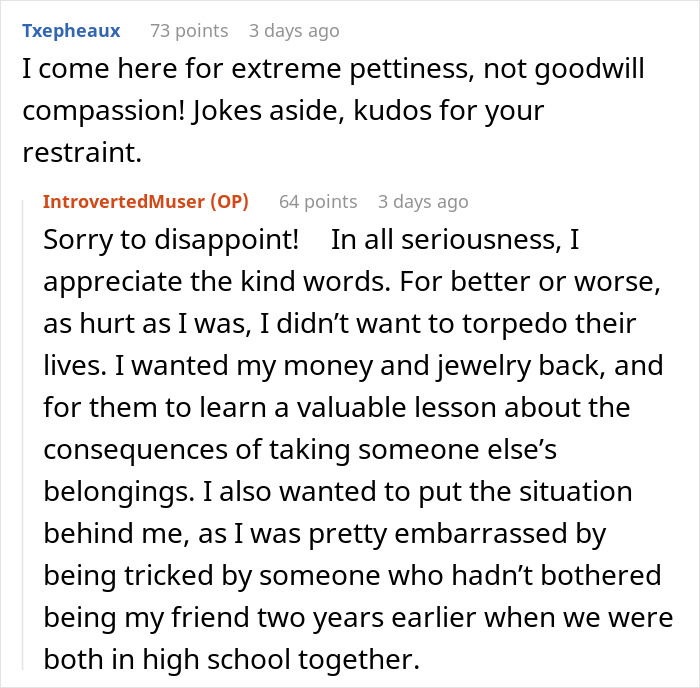 Text conversation showing a pregnant woman getting revenge after a friend’s guest steals from her, discussing lessons learned. - 54