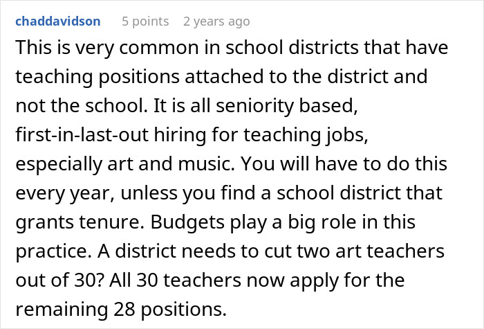 Comment discussing work making reapply position in school districts with seniority and budget considerations. - 20