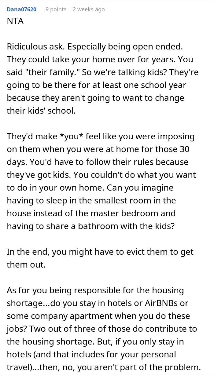 Reddit comment discussing refusal to give home to sister and family, highlighting landlord and housing concerns.