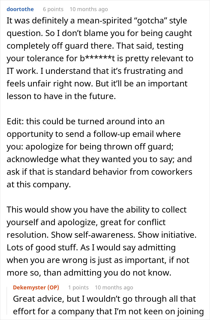 Screenshot of a forum discussion about a man upset a recruiter judged his work ethics with a random question. - 17