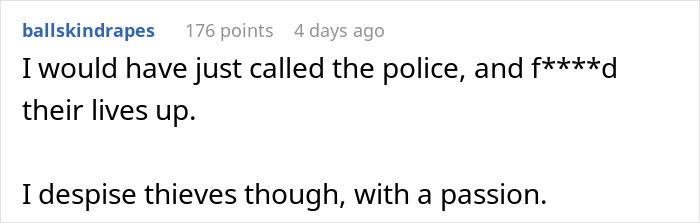 Comment text on a social media post expressing strong feelings about thieves and calling the police. - 66