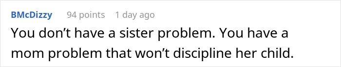 Comment text on a white background discussing family issues related to sister’s behavior and discipline problems. - 28