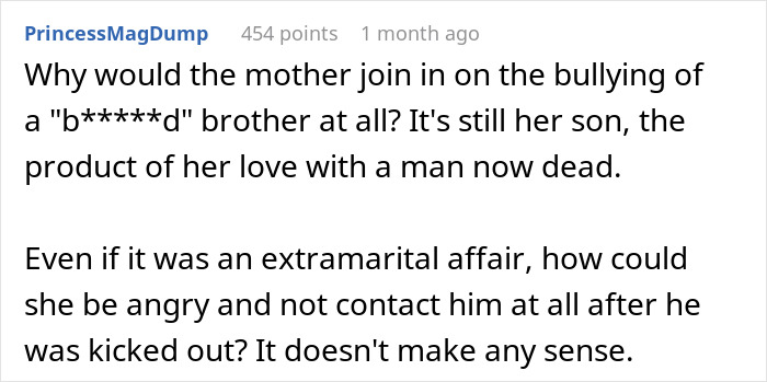 Comment discussing a mother’s reaction to bullying of an illegitimate son after a DNA test reveals family tensions. Comment discussing a mother’s reaction to bullying of an illegitimate son after a DNA test reveals family tensions.