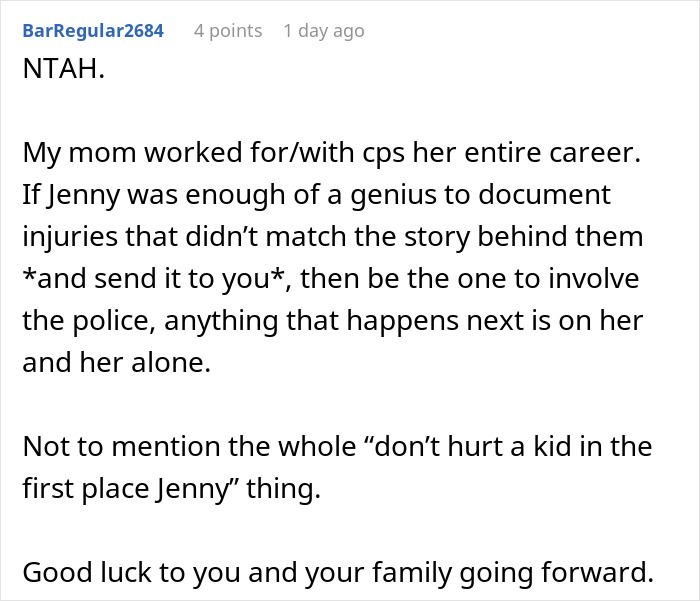 Screenshot of an online comment discussing CPS involvement in a co-parenting conflict and documentation of injuries.