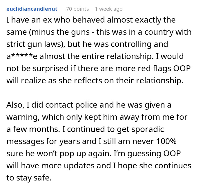 Comment discussing a woman reflecting on her relationship after red-flag argument with controlling boyfriend and fearing for her safety.