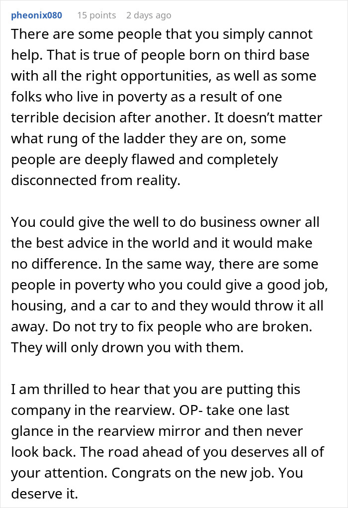 Comment from user discussing consequences of wage cuts and employee leaving company after wage reduction in a text format. - 24