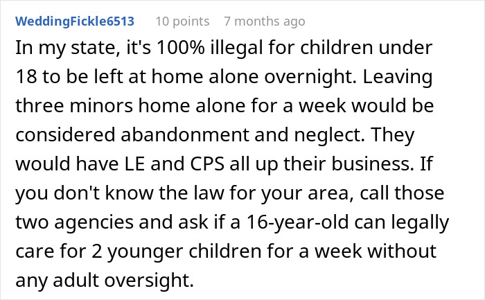 Comment discussing legal issues of teen babysitting step-siblings for a week without adult supervision.