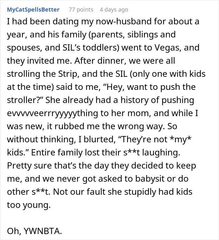 Text post from a user sharing a story about their sister-in-law (SIL) and babysitting challenges involving the SIL&rsquo;s toddler.