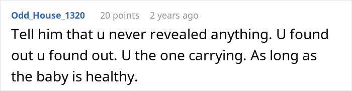 Comment text displayed on a white background discussing a husband&rsquo;s reaction over possibly spoiling the gender of their baby.