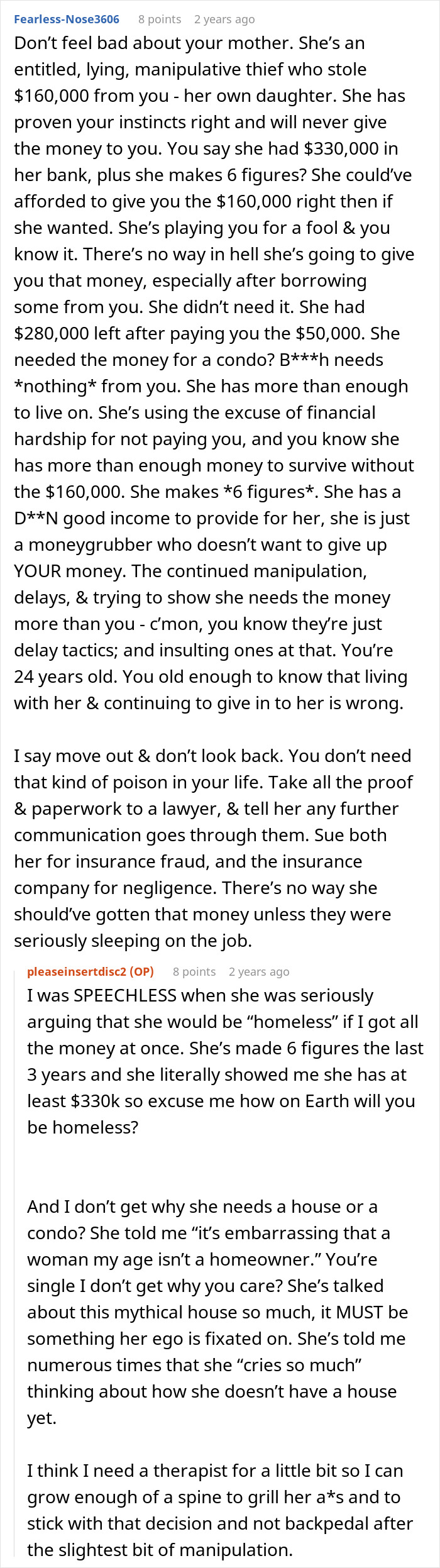 Reddit comment discussing a mom embezzling $160K inheritance and gaslighting her daughter after being exposed.