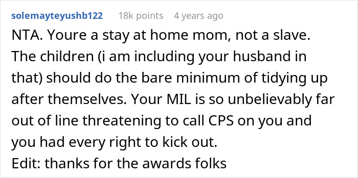 Comment supporting mother who lets family live in filth to teach a lesson, defending her stand on household chores.