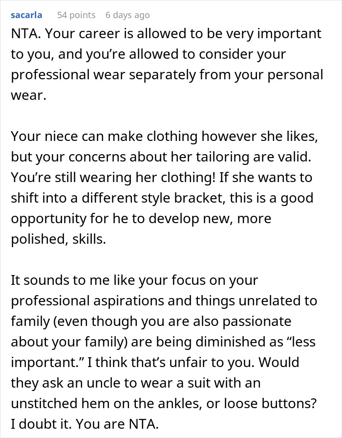 Screenshot of online comment discussing woman refusing to wear niece&rsquo;s handmade dress due to tailoring concerns for career event.