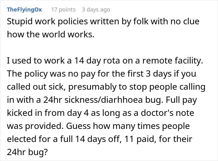 Work policies criticized for same penalty applied to being 6 minutes late and 3 hours late at a remote facility.