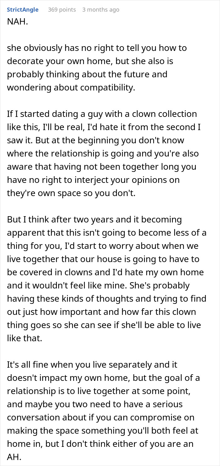 Comment discussing a guy's huge clown collection and relationship issues with a girlfriend who dislikes it. Comment discussing a guy's huge clown collection and relationship issues with a girlfriend who dislikes it.