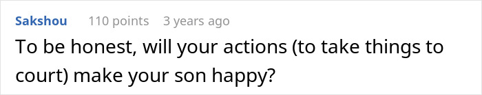 Comment on a forum discussing family drama, questioning if taking legal action will make the son happy in a bio dad babysit dispute.
