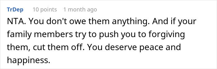 Screenshot of a forum comment advising cutting off family members and seeking peace, related to parents favoring adopted kids. - 46